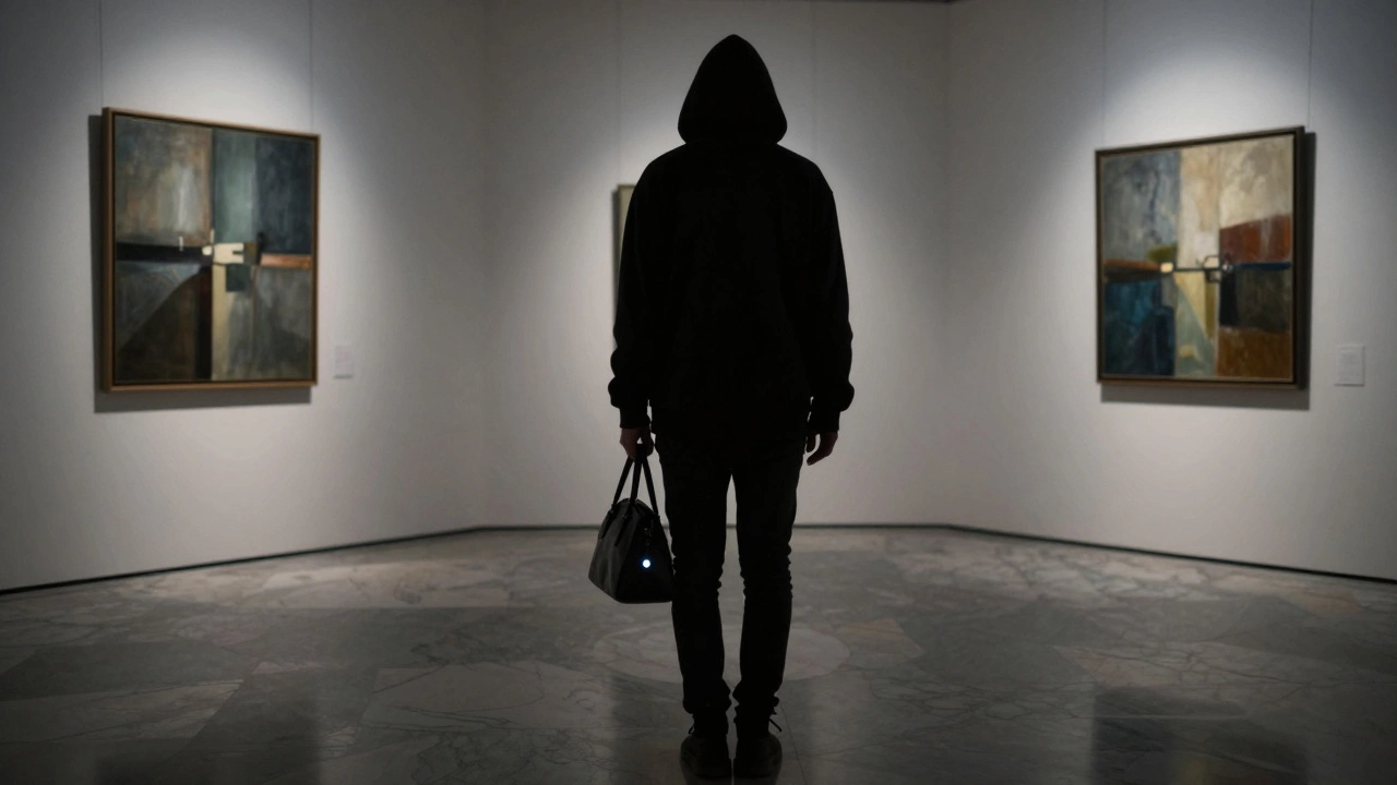 A discreet companion enters an art gallery at night, a panic button visible in her hand.