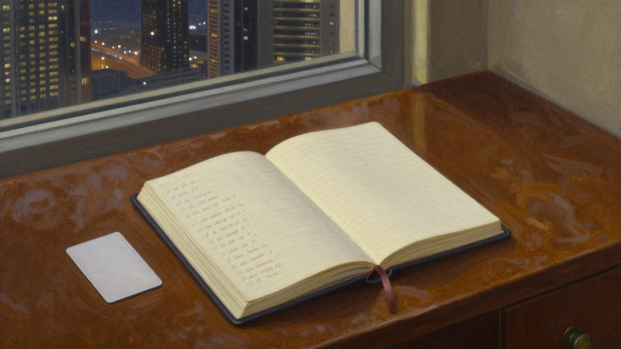 A handwritten appointment book and unmarked keycard rest on a velvet desk, symbolizing privacy and anonymity in Dubai&#039;s elite circles.
