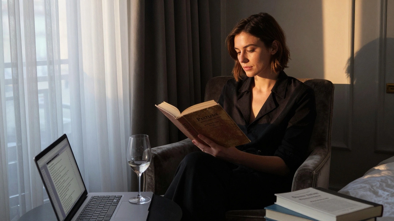 A professional woman reads Proust in a Paris hotel room, books and encrypted messages around her.