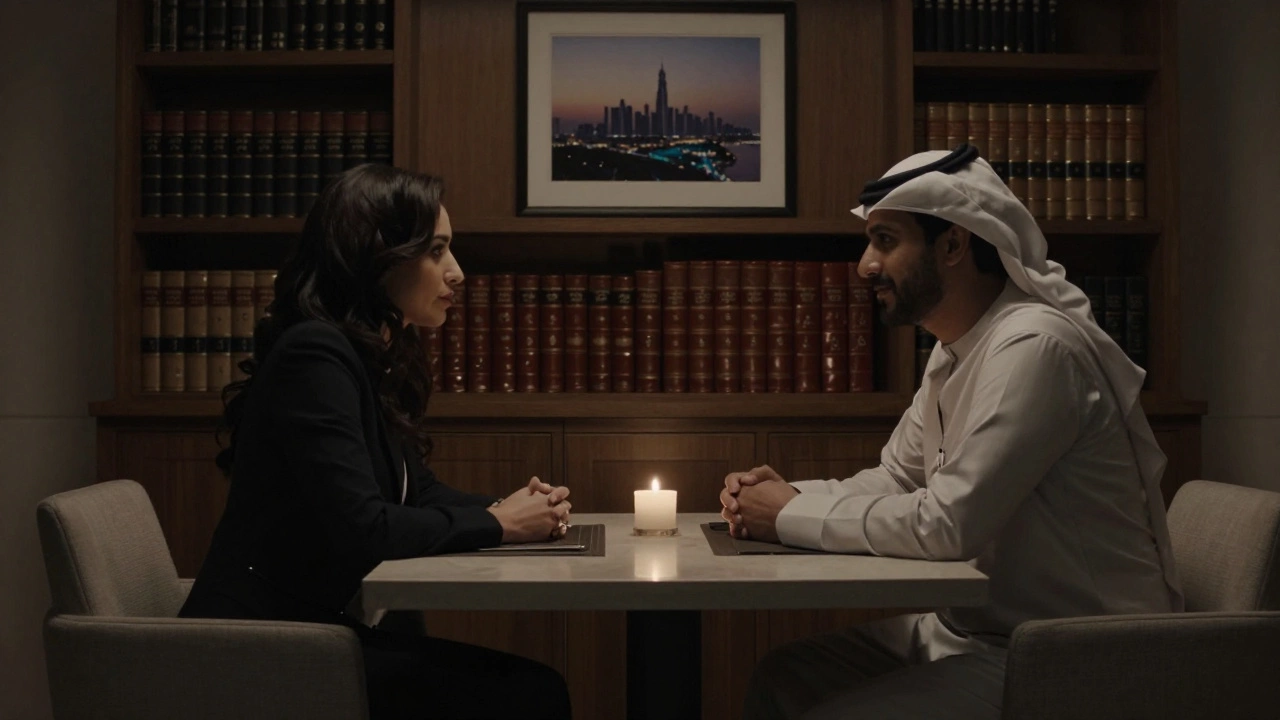 Two figures sit at a candlelit table in a private Dubai residence, their faces shadowed, conveying trust and discretion without revealing identities.